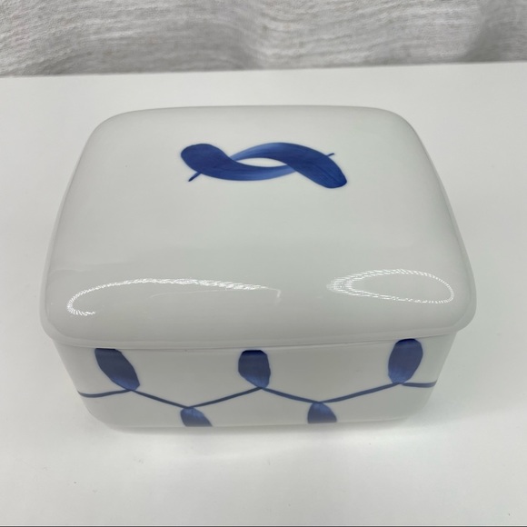 Vtg 60's Mid Century Lyngby Porcelain Denmark Blue White Butter Box Sauce Set - Picture 3 of 11